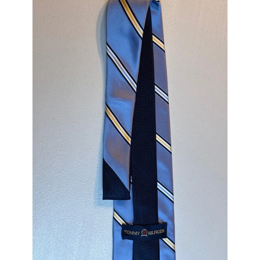 Tommy Hilfiger Men's Silk Stripe Necktie Blue Yellow White Black‎ Formal Note!